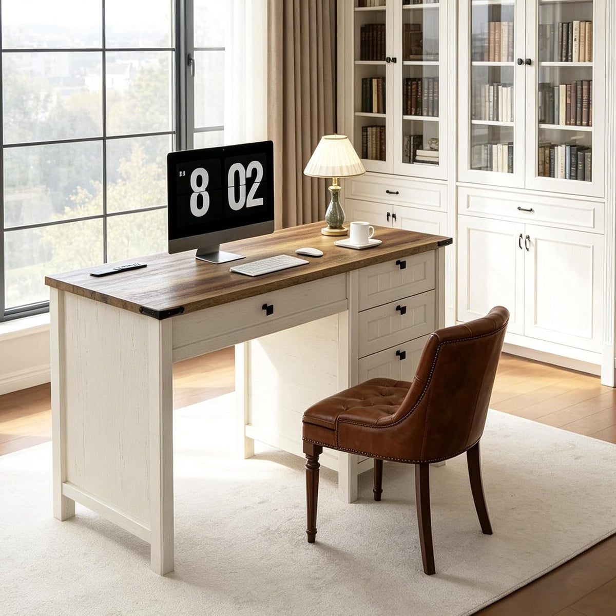White Farmhouse Desk 45" with 4 Drawers & Charging Station