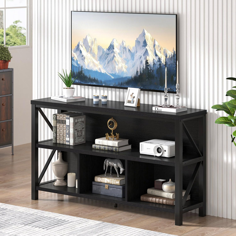 EXCEFUR Modern Black Horizontal Bookshelf, Industrial Wood & Metal Bookca...