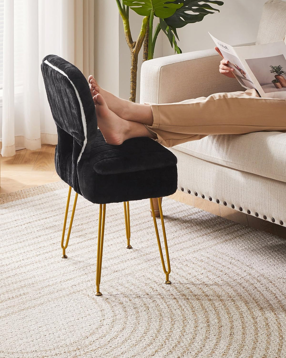 IBUYKE Vanity Stool with Storage, Folding Back Makeup Chair, Black WBD030B