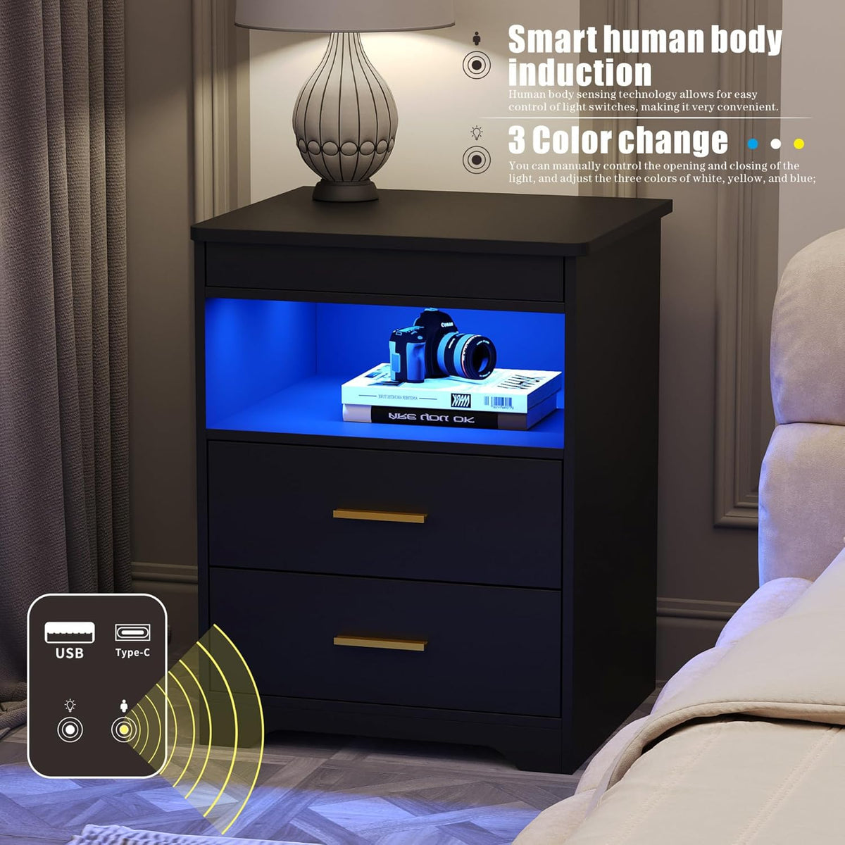 Night Stand with Gun Drawer, Charging Bedside Table with USB & Type-C Port, LED Nightstand with Human Sensor Light, Modern End Table with Drawers for Bedroom Office, Black