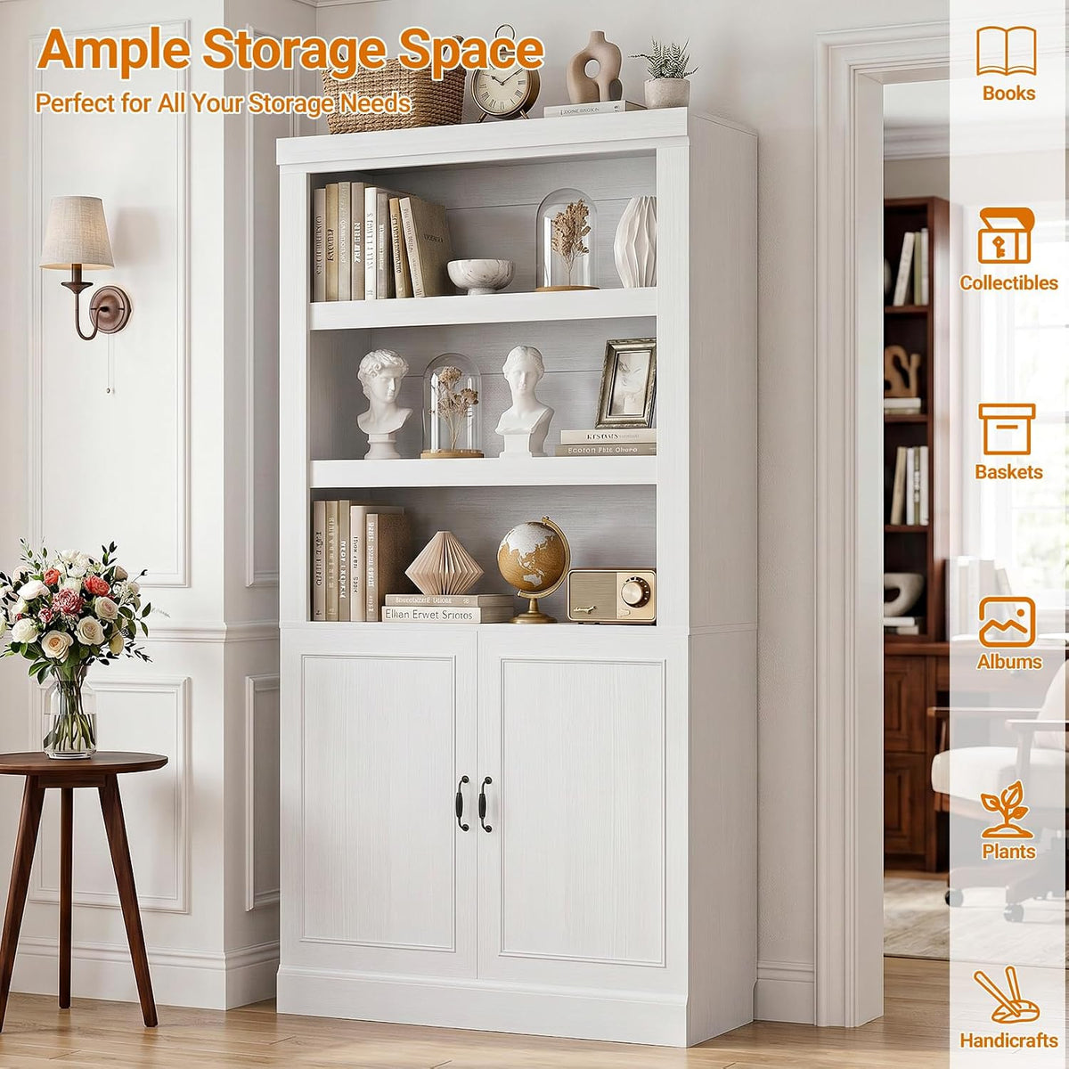 unikito 71" tall bookshelf with doors and adjustable, close-up detail