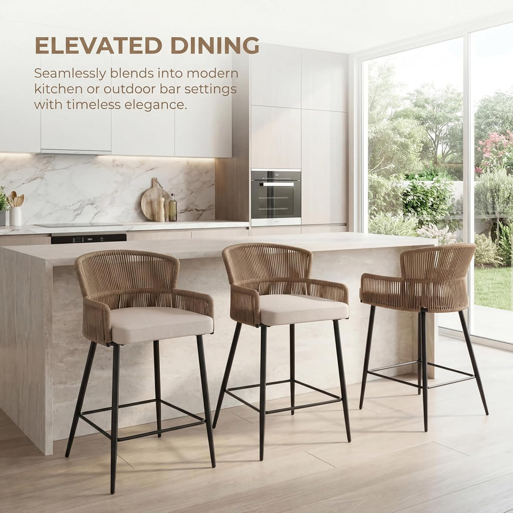 HNY Farmhouse Woven Bar Stools Set of 3, 26 Inch Linen Upholstered Rattan Barstools with Curved Backs, Modern Cane Counter Height Bar Chairs with Metal Legs and Armrest for Kitchen Island, Beige