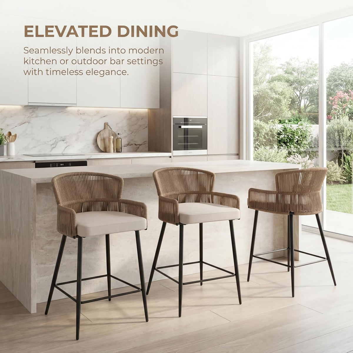 HNY Farmhouse Woven Bar Stools Set of 3, 26 Inch Linen Upholstered Rattan Barstools with Curved Backs, Modern Cane Counter Height Bar Chairs with Metal Legs and Armrest for Kitchen Island, Beige