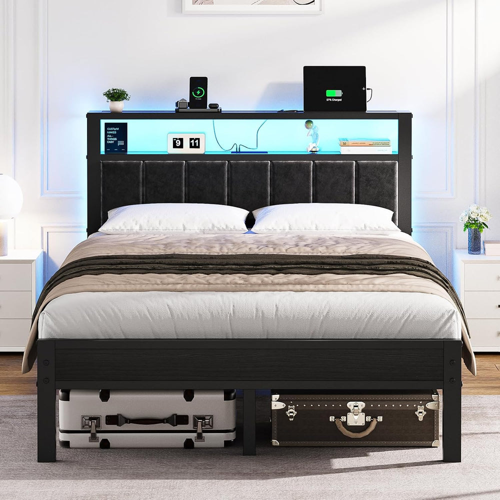 OLEVS Full Bed Frame with LED Lights & Charging Station Modern Platform Bed
