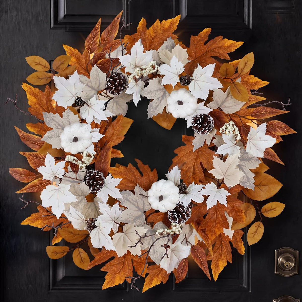 Fall Wreaths for Front Door Outside Autumn Wreath with Lights Berries Pine Cones Fall Decorations for Home Decor Pumpkin Wreath for Farmhouse Holiday Thanksgiving Harvest Halloween Outdoor