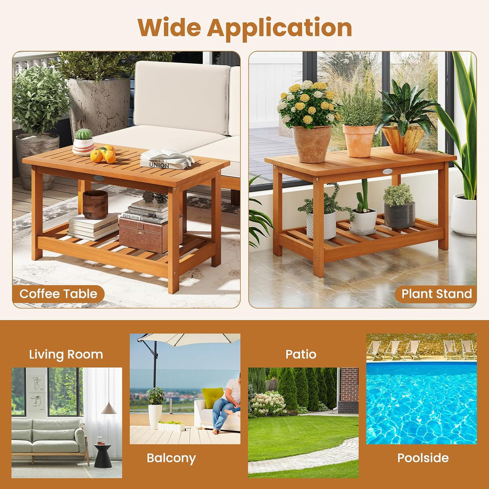 Tangkula Outdoor Acacia Wood Coffee Table, Patio 29.5” Rectangle Slatted 2 Ti...