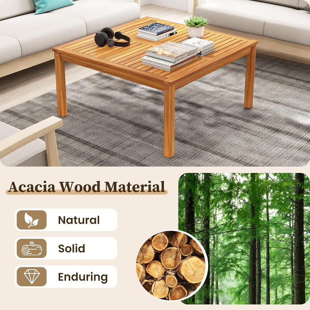 Outdoor Coffee Table, Acacia Wood Side Table With Slatted Tabletop, Square Pa...
