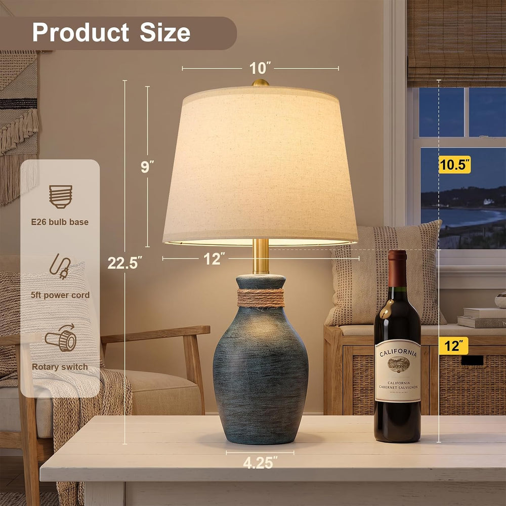 USumkky 22.5" Farmhouse Ceramic Table Lamp Coastal Bedside Lamp Blue‑Grey