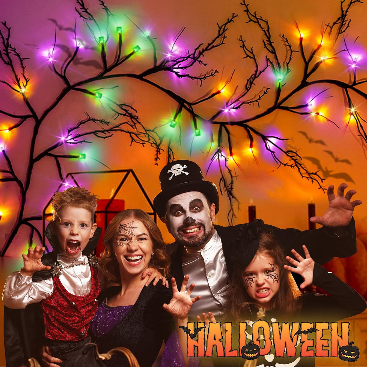 9Ft 72 LED Halloween Willow Vine Twig Garland with Lights - 8 Modes & Timer, Orange,Purple and Green, Waterproof Battery Operated for Mantle, Wall, Fireplace, Indoor Halloween Decorations