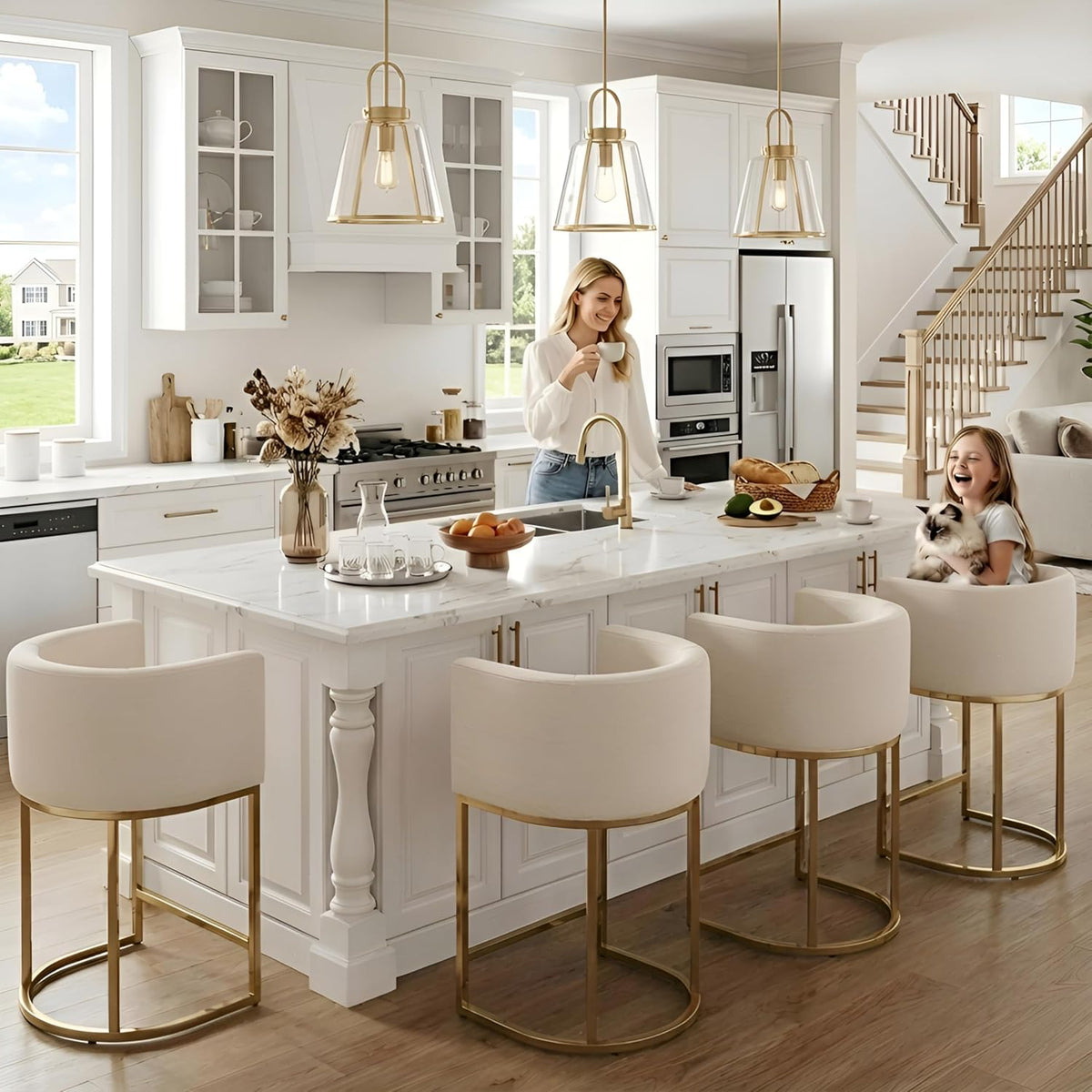 HNY Modern Counter Height Linen Cream Fabric Upholstered Counter Stool, 24 Inch Kitchen Island Stool with Gold Metal Frame