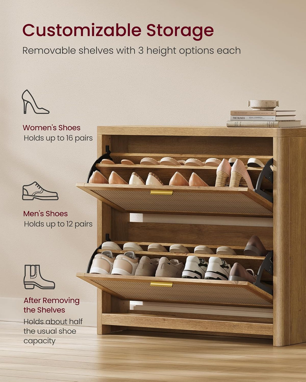 VASAGLE Boho Shoe Storage Cabinet, Slim, Rattan-Look Flip Drawers