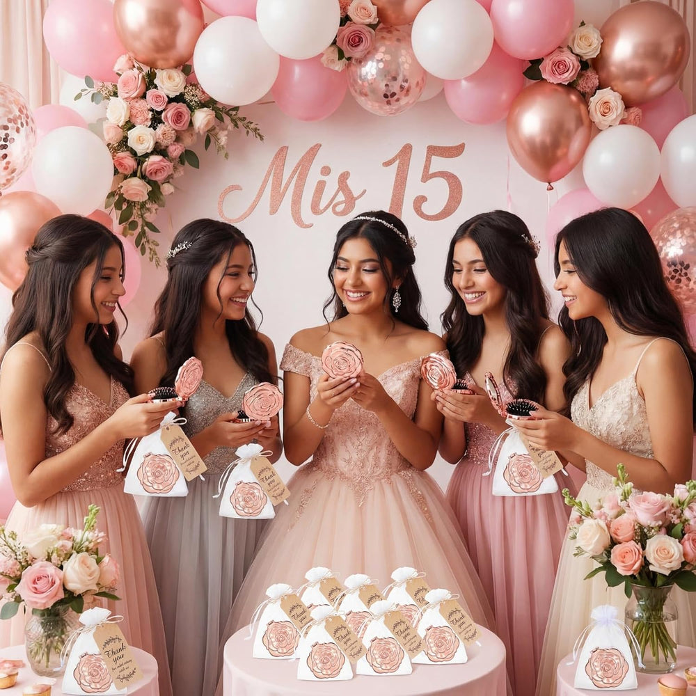 24 Sets Rose Compact Mirrors with Brush Bulk,Rose Gold