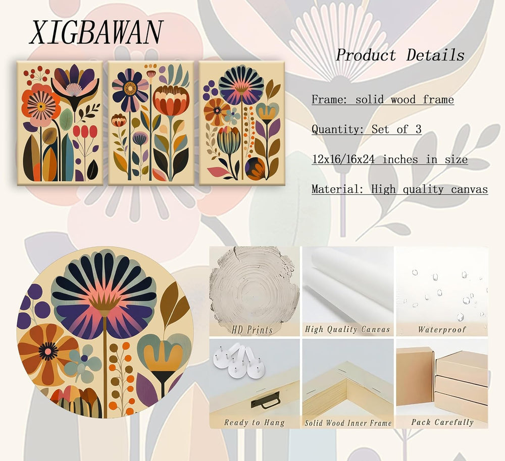 XIGBAWAN 3 Pcs Boho Floral Canvas Wall Art,Scandinavian Flower Wall Decor