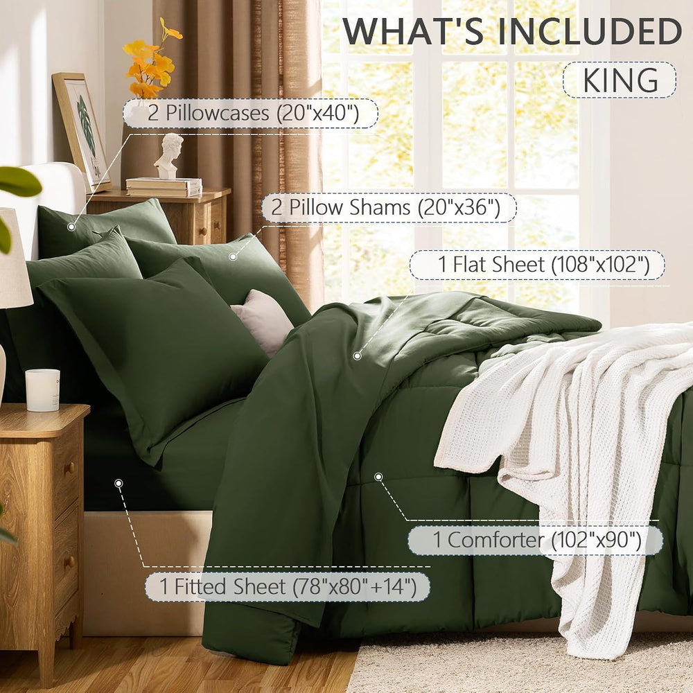 CozyLux King Size Comforter Set, 7-Piece Bed in a Bag, Olive Green