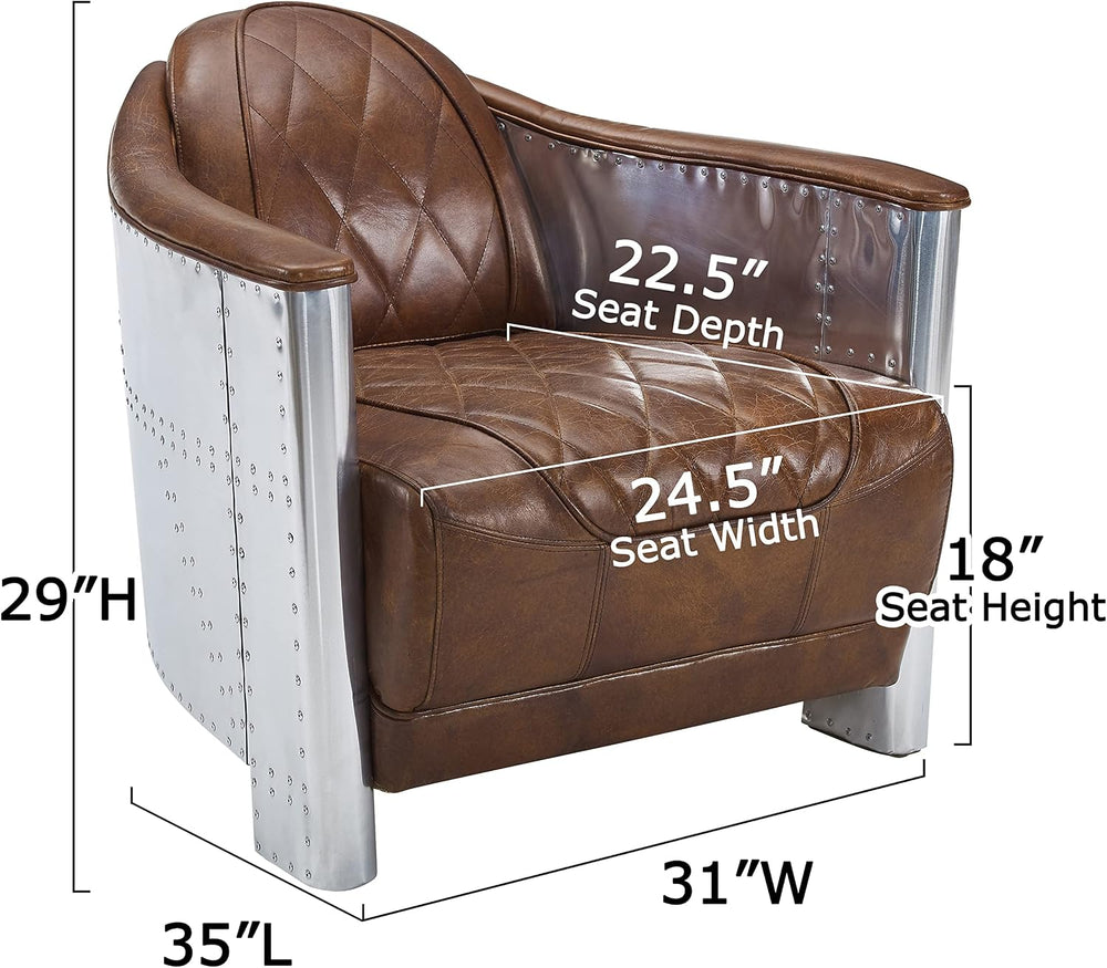 Volans Mid Century Modern Genuine Leather Accent Arm Chair with Vintage Alumi...