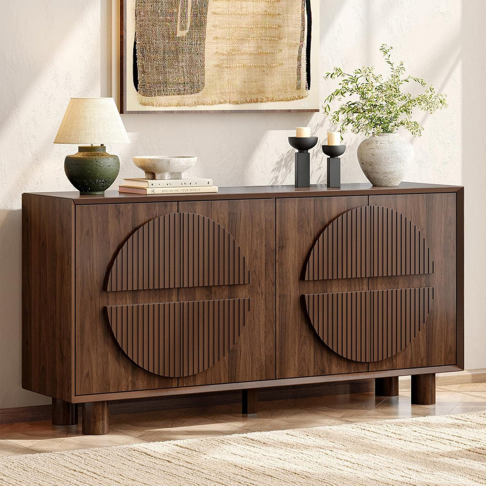 ONBRILL 63 Inch Fluted Buffet Cabinet w/Storage, Push-Spring Doors, Walnut
