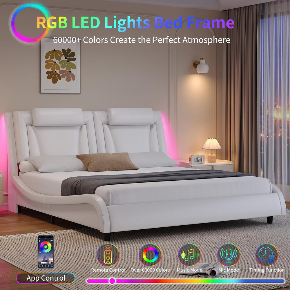 Keyluv King LED Upholstered Bed Frame with Adjustable Headboard, White