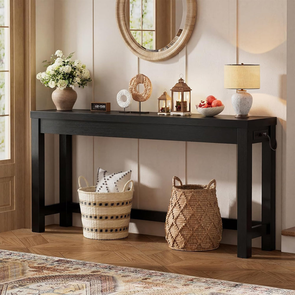 Cyclysio 63" Console Table with 2 AC Outlets & 3 USB Ports, Black