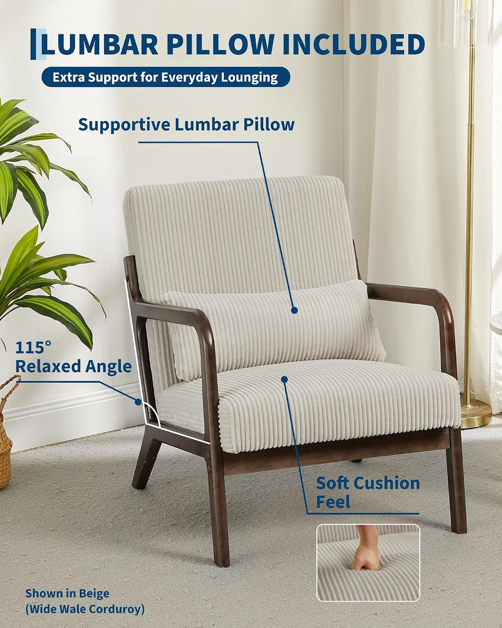 Garvee Mid Century Accent Chair, Upholstered Armchair with Lumbar Pillow