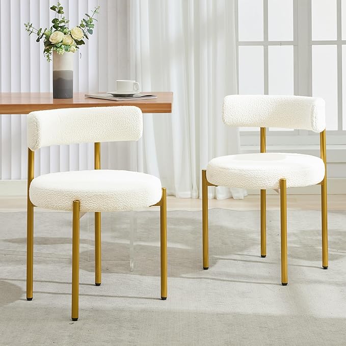 Boucle Dining Chairs Set of 4, Mid Century Modern Dining Room Chairs with Barrel Backrest, Upholstered White Kitchen Chairs for Dining Room, Restaurant, Gold Metal Frame