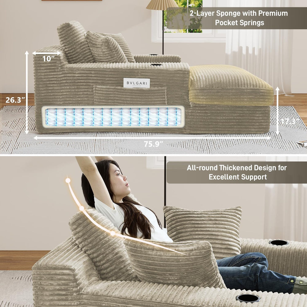 75.9"D Oversized Chaise Lounge Chair Indoor with Cup Holders,Camel