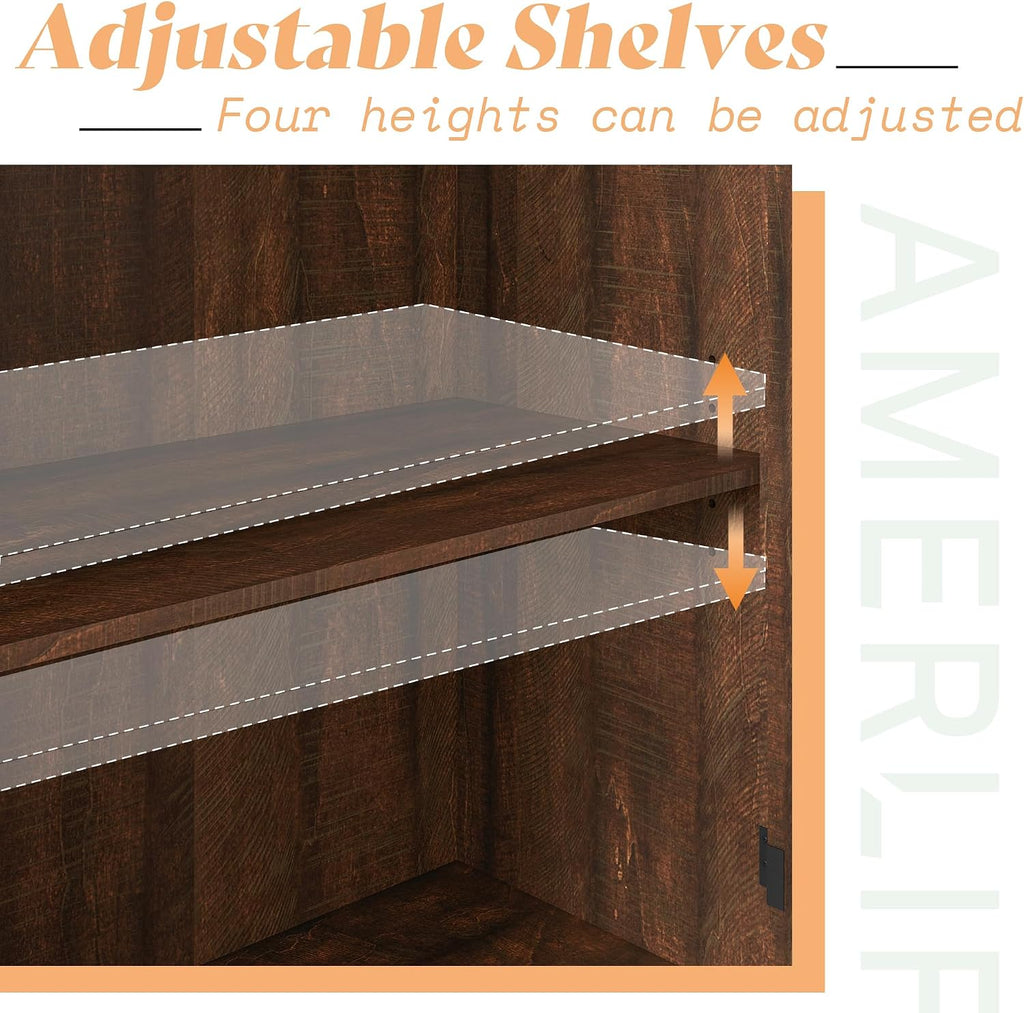 AMERLIFE Farmhouse 63" Buffet Sideboard Cabinet with Glass Door, Brown