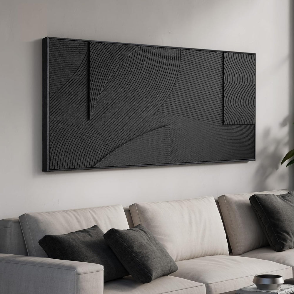 Large Framed 3D Black Abstract Wall Art for Living Room Horizontal 60x30 In