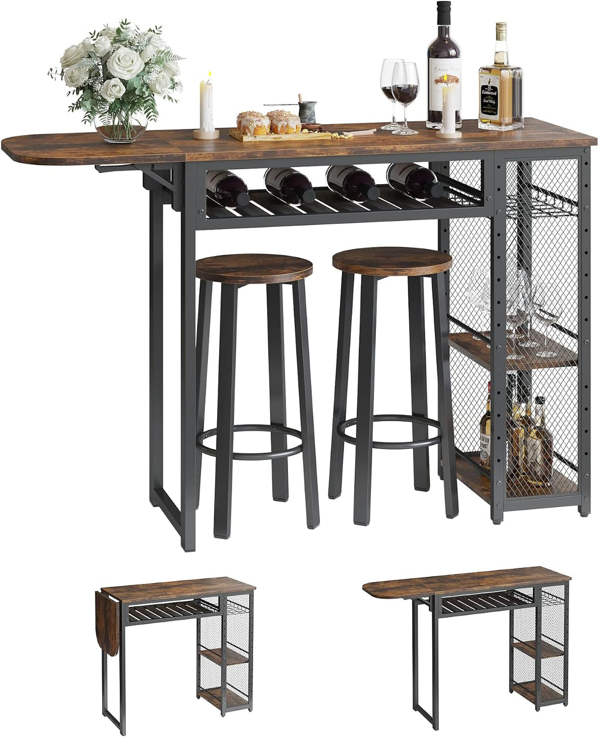 Bestier Expandable Bar Table and Chair Set, 2 Bar Stools, Rustic Brown