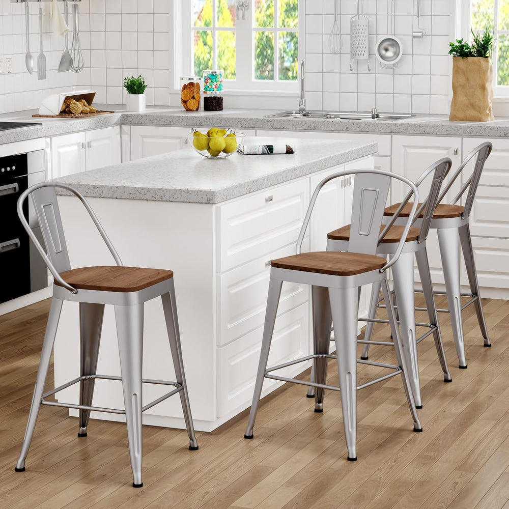 Bar Stools Set of 4, 30" Metal Bar Height Stools with Back Silver