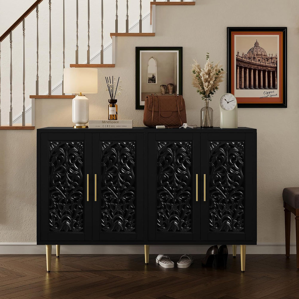 ARTPOWER 47.8" Vintage Accent Cabinet with 4 Hollow Carving Doors, Black