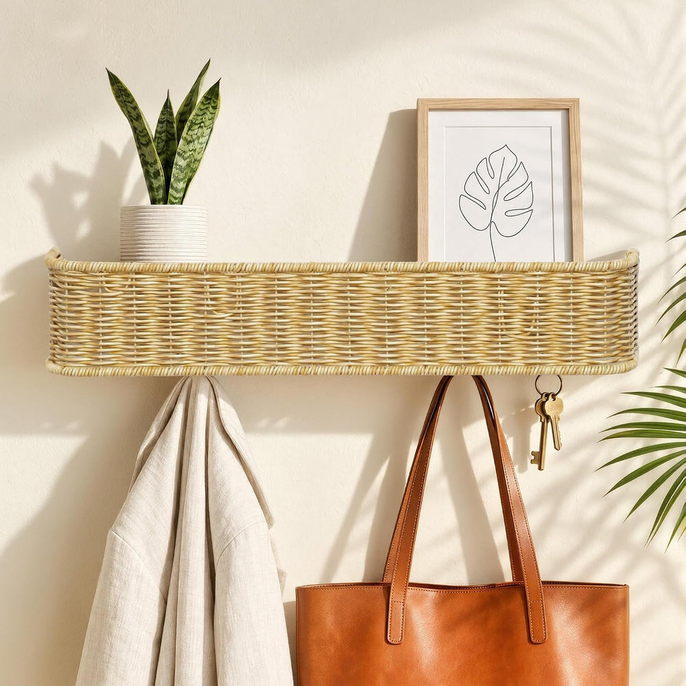 Wall Mount Coat Rack With Shelf-6 Hook Handmade Rattan Coat Rack,Natural