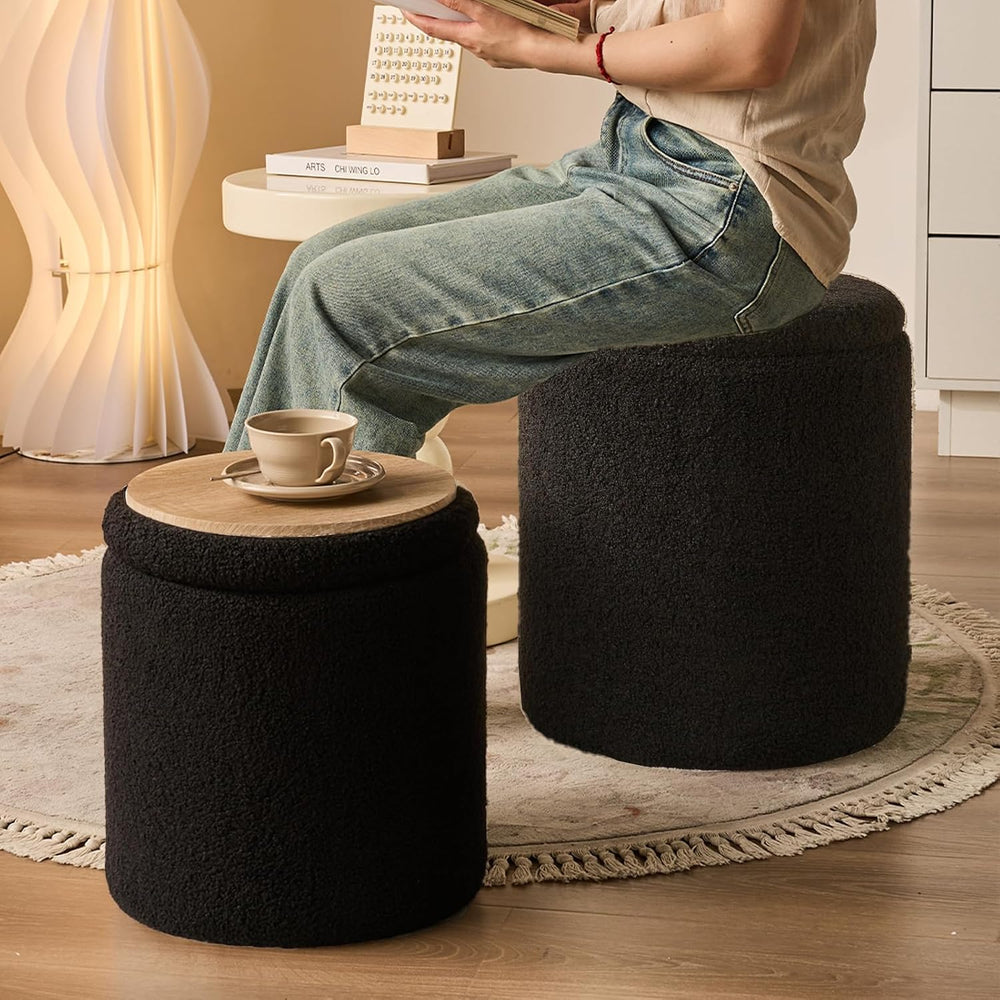 BLEXA Set of 2 Round Storage Ottoman, Black Boucle Ottoman with Storage