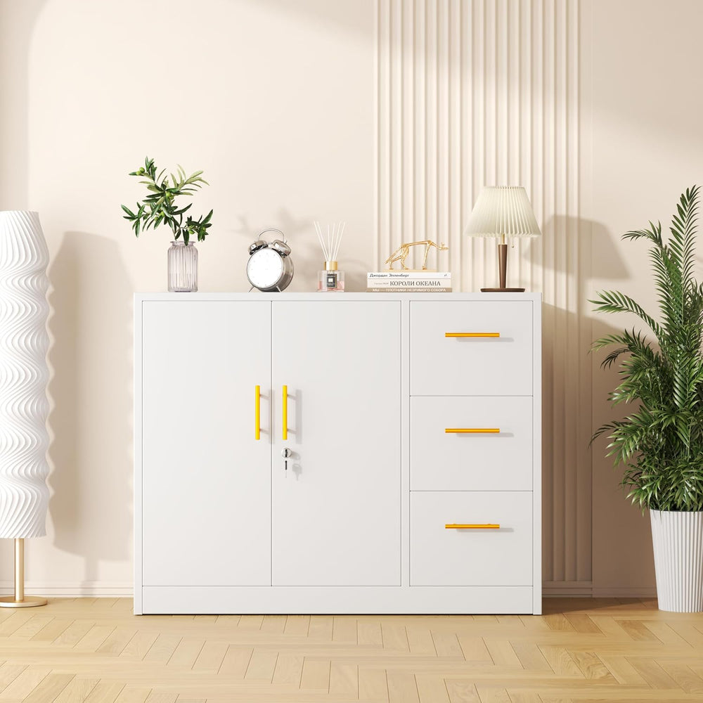 PAOFIN Sideboard Buffet Cabinet, Metal Storage Cabinet with 2 Doors and 3 Dra...