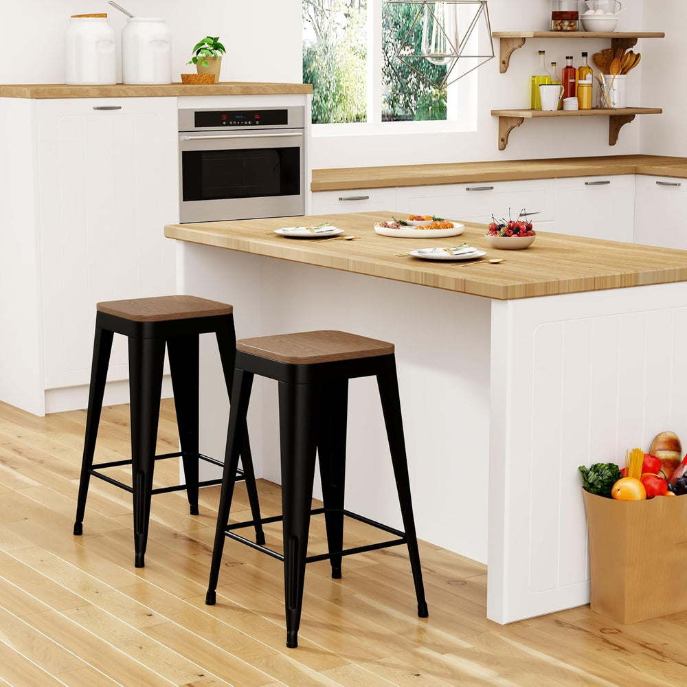 24" Metal Bar Stools Set of 4 Black Counter Height Stools with Wood Seat...
