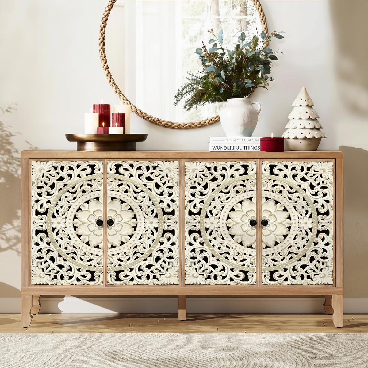 59" Solid Wood Buffet Cabinet, Accent Cabinet with 4 Carved Doors