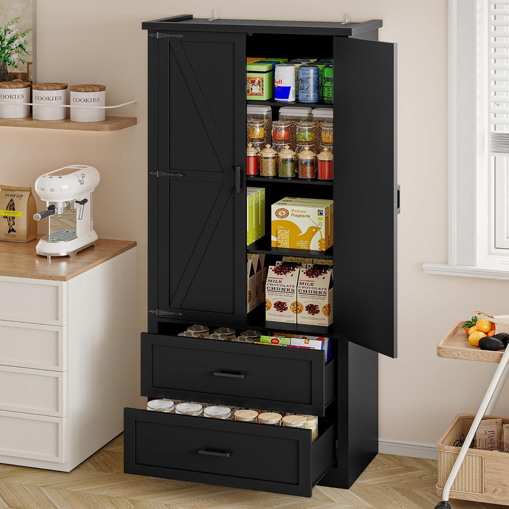 BORNOON Pantry Organizers and Storage Cabinet, 71” Barn Door Black Kitchen Ca...