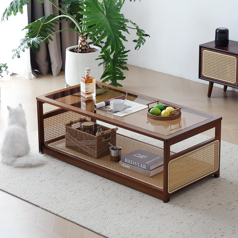 Welnow Rattan Coffee Table, 2-Tier Rectangle Center Table, 47.5"， Walnut