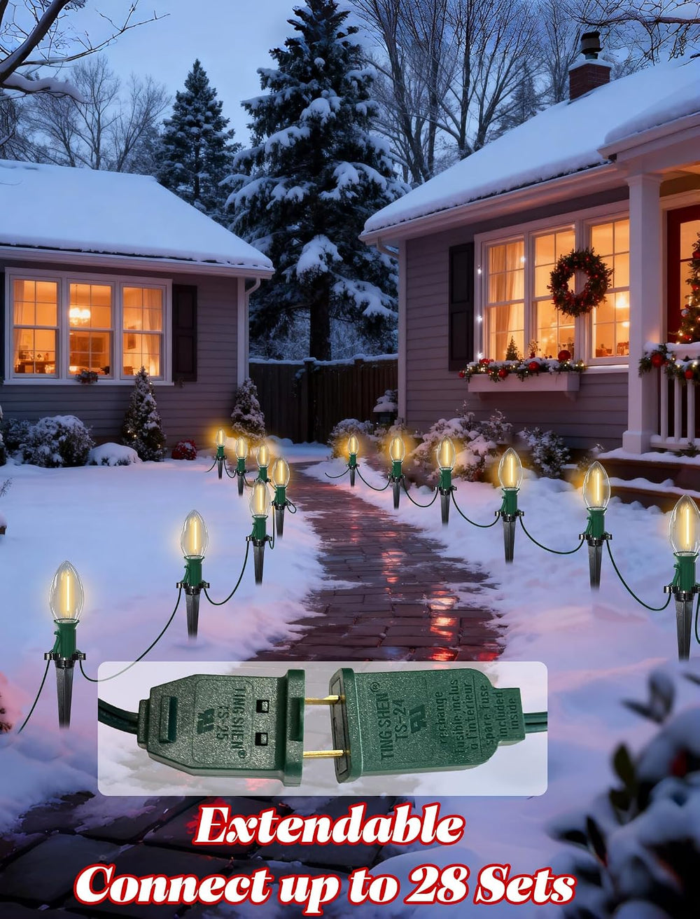 38FT C9 LED Christmas Pathway Lights with 25 C9 Bulbs and Stakes