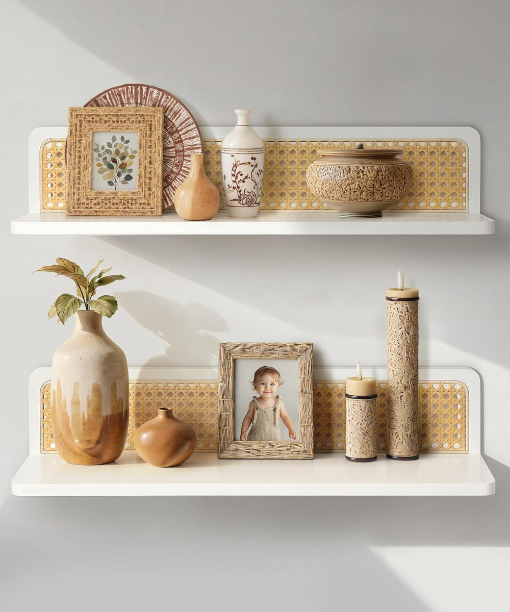 24 Inch White Rattan Wall Shelf, Boho Floating Shelves