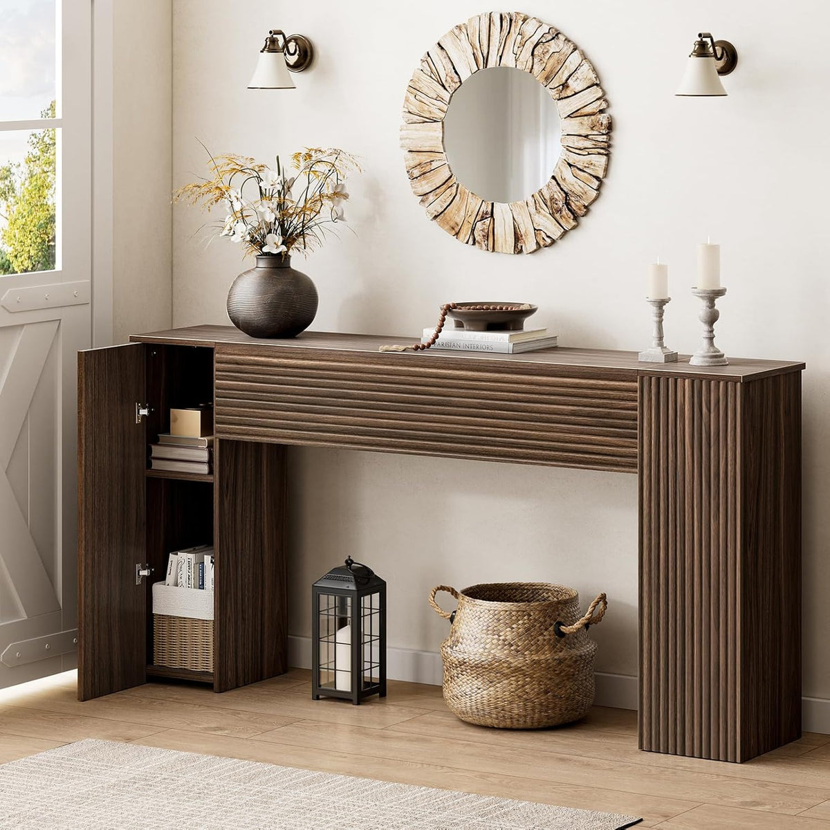 FABATO 61” Fluted Long Console Table with 2 Hidden Storage Cabinets, Walnut