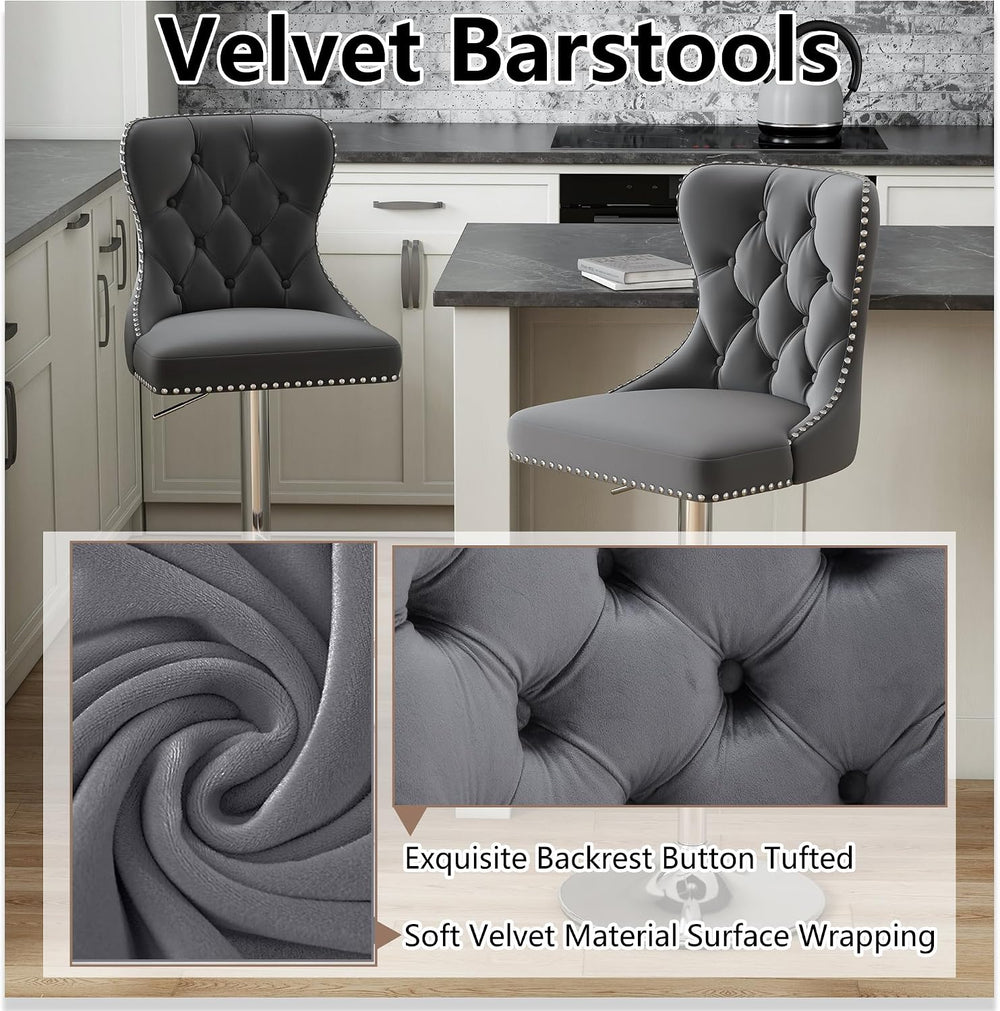 Swivel Bar Stools Set of 2, Velvet Height Adjustable Counter Chairs,Gray