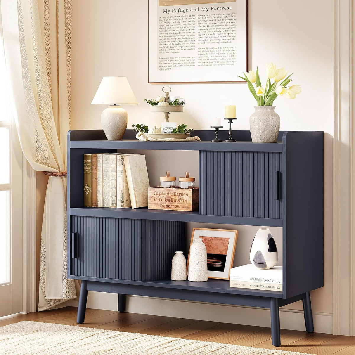 ONBRILL 44" Sideboard Buffet Cabinet with Outlet & Sliding Door, Blue