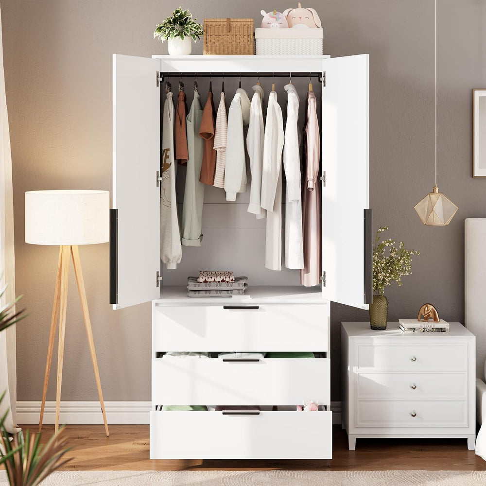 GarveeHome 70" Wardrobe Armoire Wooden Closet with 3 Drawers, White