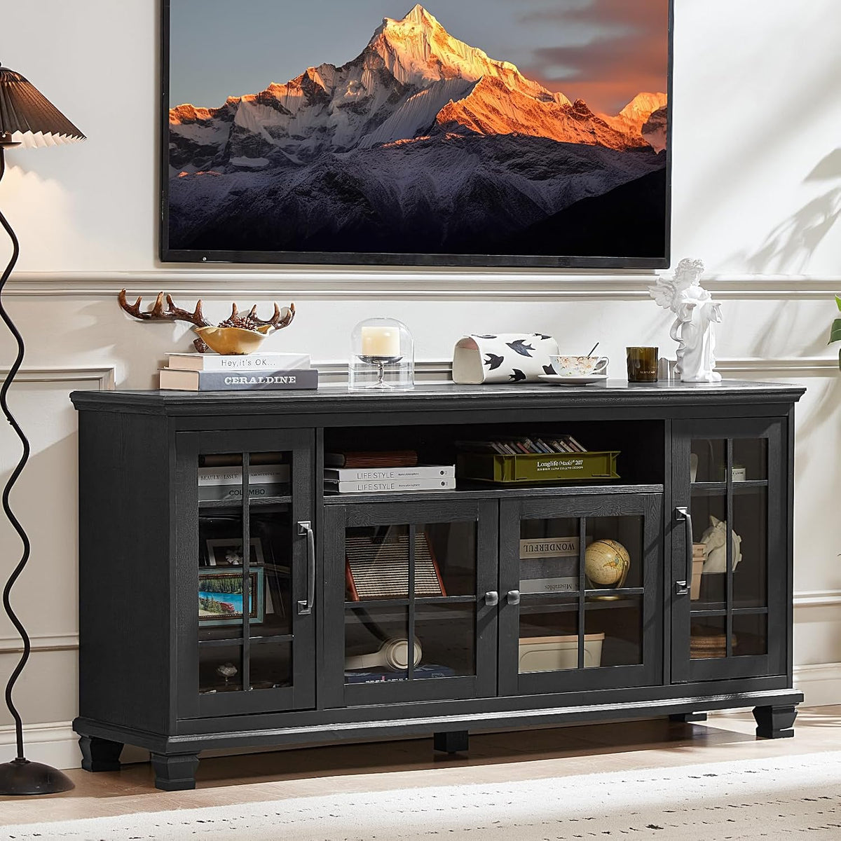 SAVOR LIFE 60-Inch Sideboard Buffet with Glass Doors,Black
