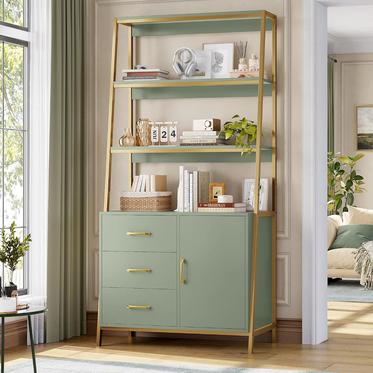 hithos green gold bookshelf, 69" h ladder book showing dimensions