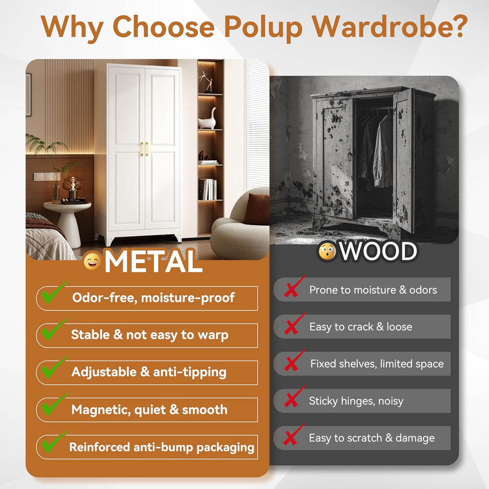 Polup 71" Metal Armoire Wardrobe Closet with Doors and Adjustable Shelves