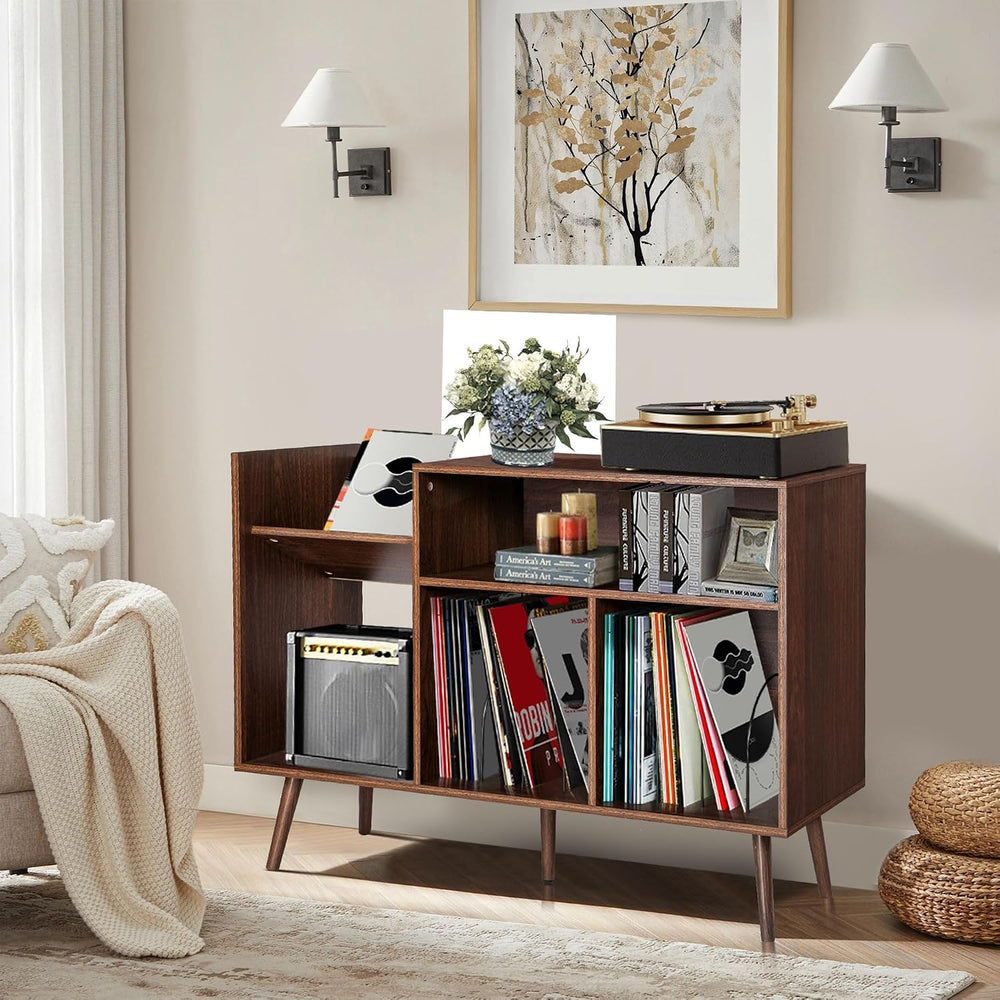 Large Record Player Stand, Mid-Century Vinyl Record Storage Table with Wood L...
