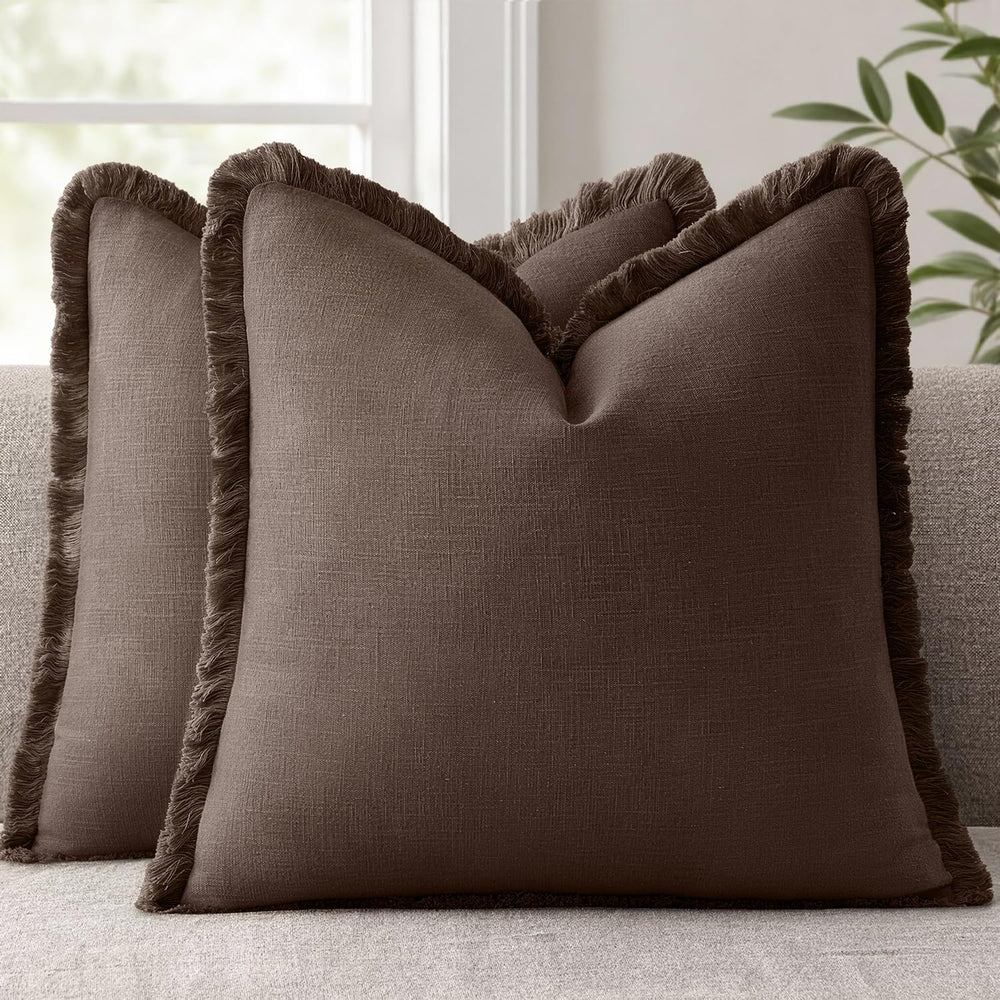 ANRODUO Decorative Linen Fringe Pillow Covers 20×20 Inch Mocha Brown 2 Pack