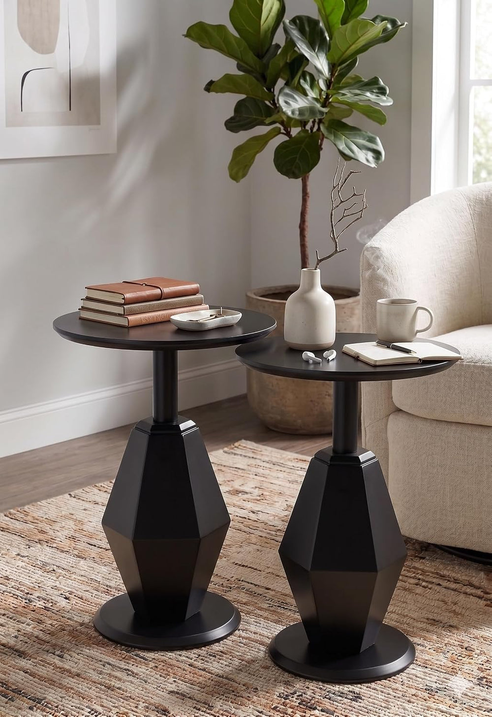 Round Wood Side Table, Set of 2, Coffee Nightstand Cocktail Drink Modern Acce...