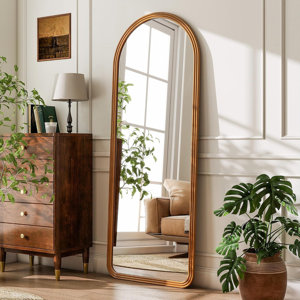 24x65 Inch Wood Arched Full Length Floor Mirror, Natural Wood